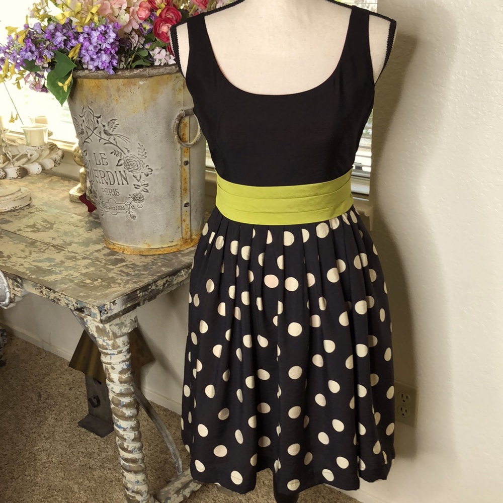 Beautiful Coreylynncalter black scoop neck dress w/polka dots lime green sash